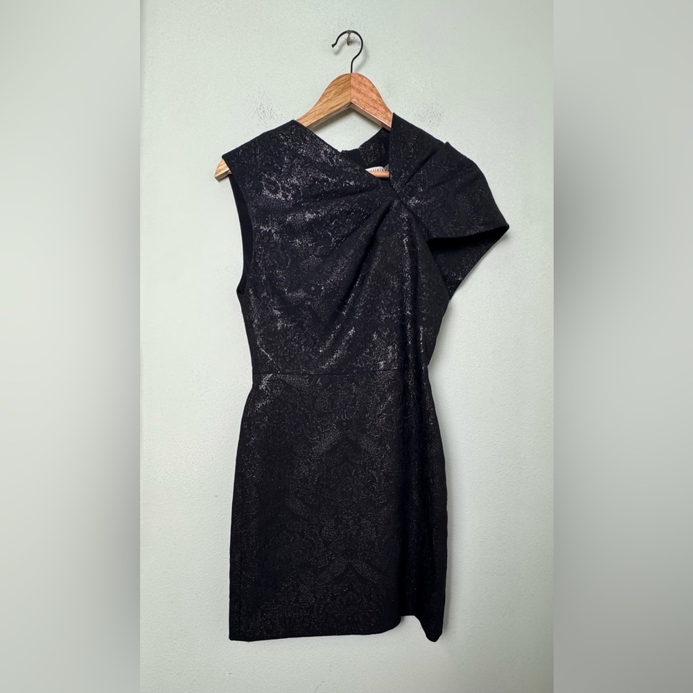 Alice + Olivia Kiro Ruffle Shoulder Jacquard Neck Cocktail Mini Dress Black Sz 4 - Picture 7 of 16